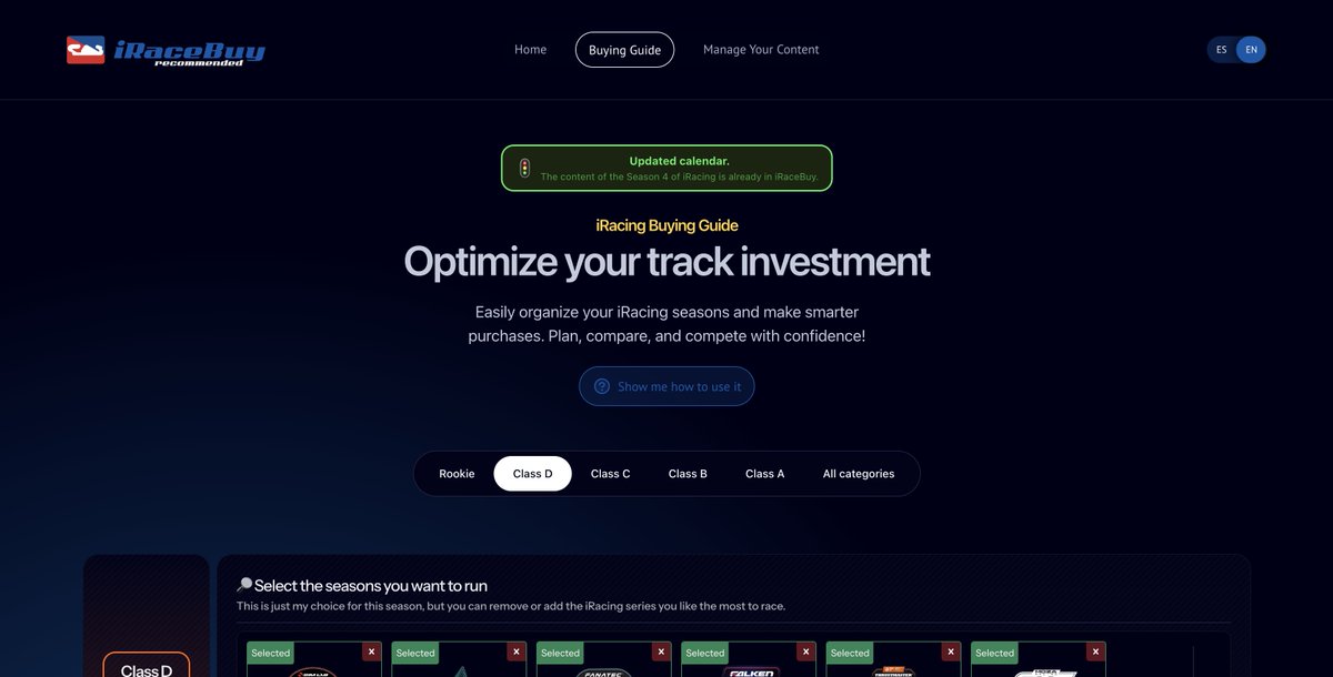 ✅ iRacebuy is now updated with all the details from iRacing Season 4 🏁
Check out which series and tracks you can run this season 👇
🔗 iracebuy.com

#iRacing #SimRacing #Season4