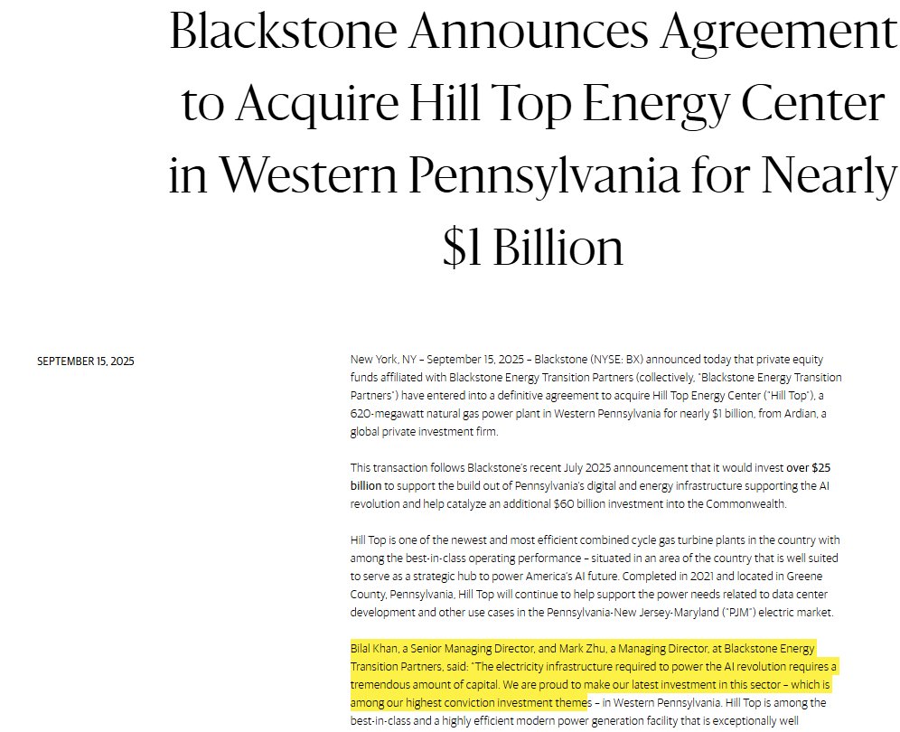 BX acquired a 620MW nat gas plant in Western PA for $1 billion. Implies ~$1,600/kw, a lot higher than some of those recent IPP-gas plant portfolio deals in the $700-$1,100/kw range.

PR says it's one of the most efficient CCGTs w/ strong operating performance &amp; great location.