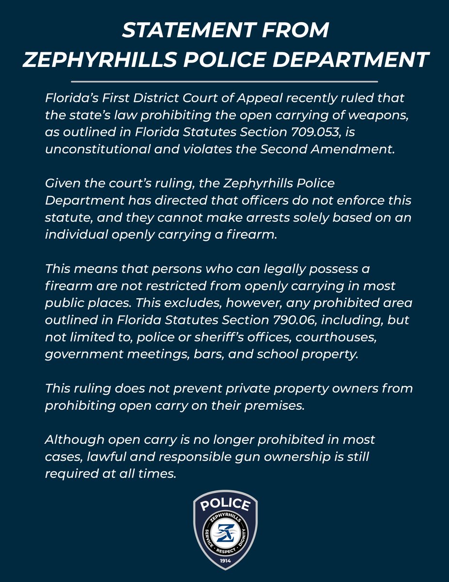 ZephyrhillsPD's tweet image. .@ZephyrhillsPD Statement on Recent Court Decision Regarding Open Carry