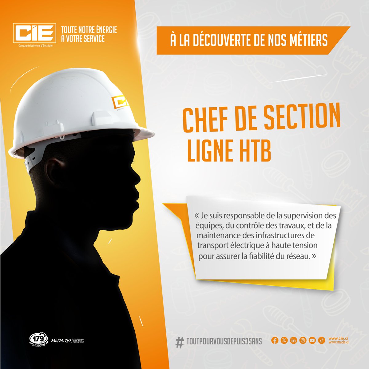 #LesMardisDeLExpertise : À la découverte du métier de Chef de section Ligne HTB ⚡👷‍♂️

À la CIE, le Chef de section ligne HTB joue un rôle clé dans la supervision des équipes, le contrôle des travaux et la maintenance des infrastructures de transport électrique à haute tension.
💡