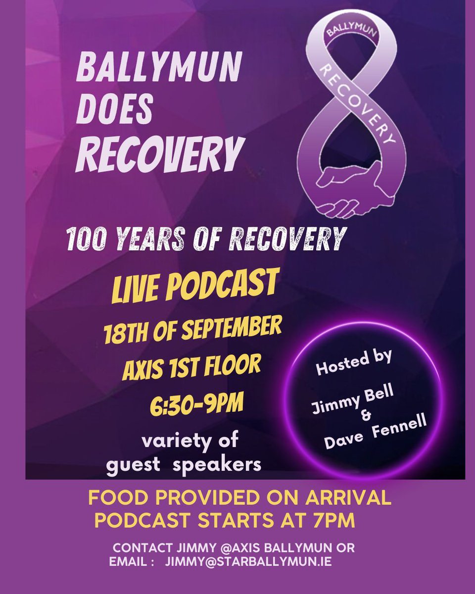 Join hosts Jimmy Bell &amp; Dave Fennell for the Ballymun Does Recovery Live Podcast on Thursday evening in Axis #RecoveryMonth #BallymunRecovery
