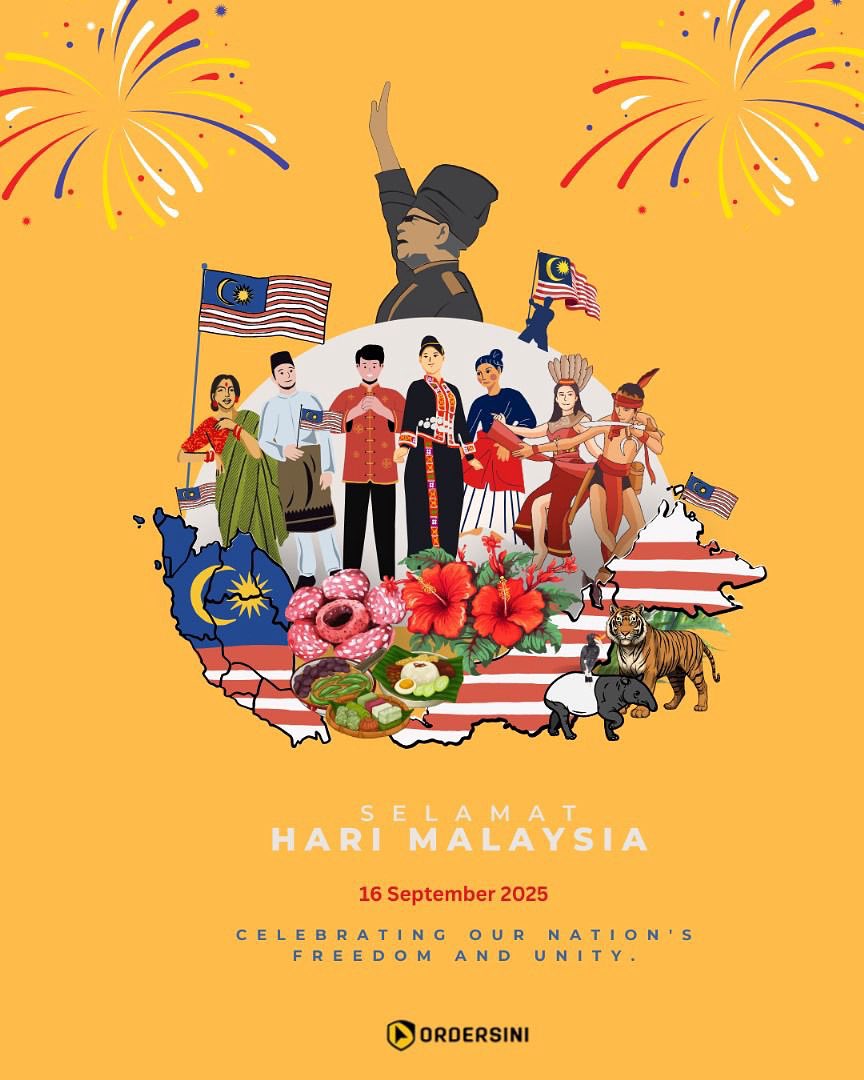 OrderSini's tweet photo. 🎉 Selamat Menyambut Hari Malaysia 2025! 🇲🇾
.
Hari Malaysia melambangkan penyatuan dan semangat kebersamaan yang menjadi asas kekuatan negara. Sambutan Hari Malaysia adalah untuk semua tidak kira Kaum &amp; Agama. 
.
Tulus Ikhlas,
https://t.co/QlYftPas0o https://t.co/yWKg424cmT