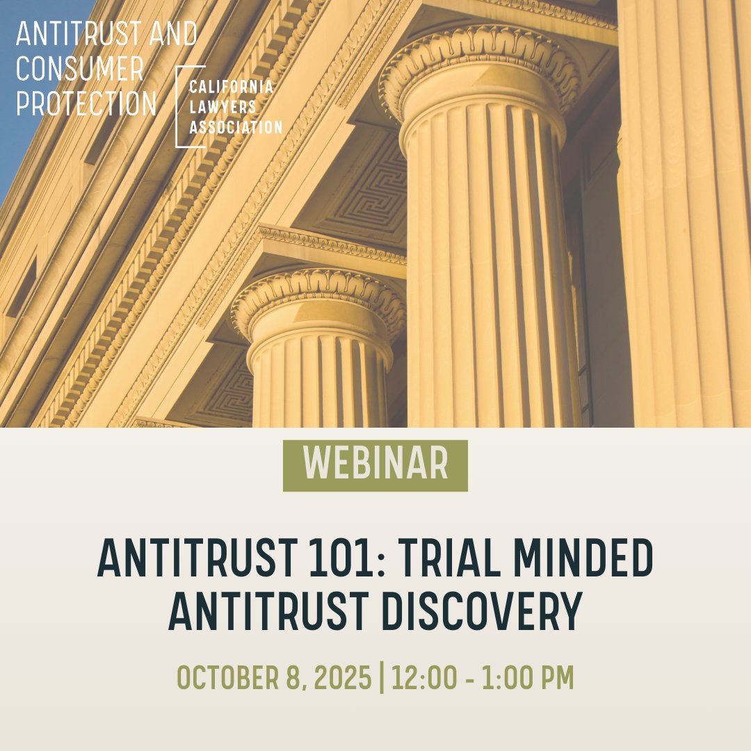 CLAAntitrust's tweet image. Free Webinar!

Join this webinar designed to educate litigators on tools and strategies for conducting discovery in antitrust matters in a manner intended for trial readiness.

📅 October 8, 2025 | 12:00 PM - 1:00 PM

🖋️ Register Today: calawyers.org/event/free-web…