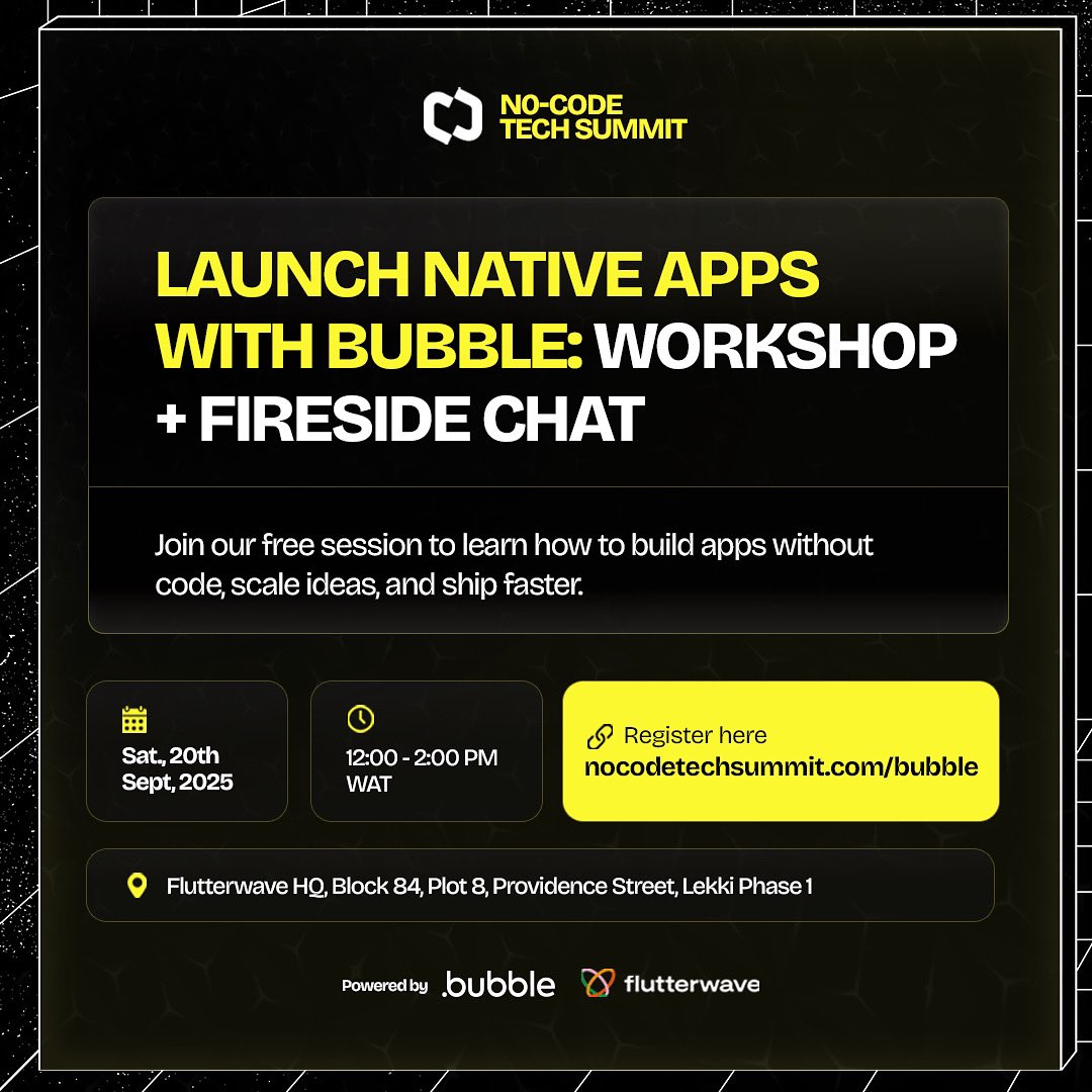 nocodesummit's tweet image. Four days to go! ⏳
Don’t miss the Bubble Mobile Workshop — learn how to build and launch native apps without writing a single line of code. 
📅 Sept 20 | 🕛 12PM
📍 Flutterwave HQ, Lekki - Lagos
🔗 Register now: nocodetechsummit.com/bubble
#MobileAppBuilders #NoCodeTechSummit…