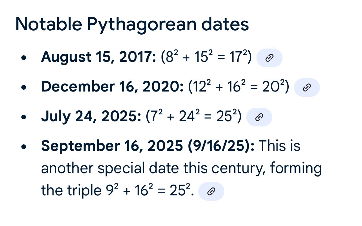 luislamb's tweet image. Happy 9/16/25 or 16/9/25 or  3^2/4^2/5^2 #Pythagoras Pythagorean Date. But do not follow AI naively:
