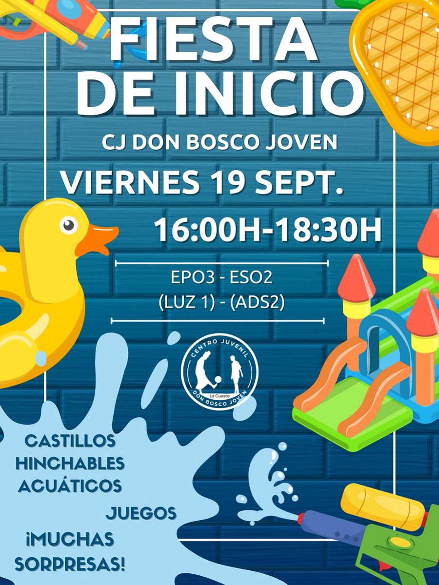#CENTROJUVENIL I ¡Atención, atención! 🎉💦
Este viernes 19 de septiembre llega la GRAN FIESTA DEL AGUA en nuestro Centro Juvenil 🌊✨

¡No te lo puedes perder! 🌞💦 Ven con tus amig@s y juntos haremos de este viernes el más refrescante del año 🥳💧

#ProtagonistasDeLaHistoria
