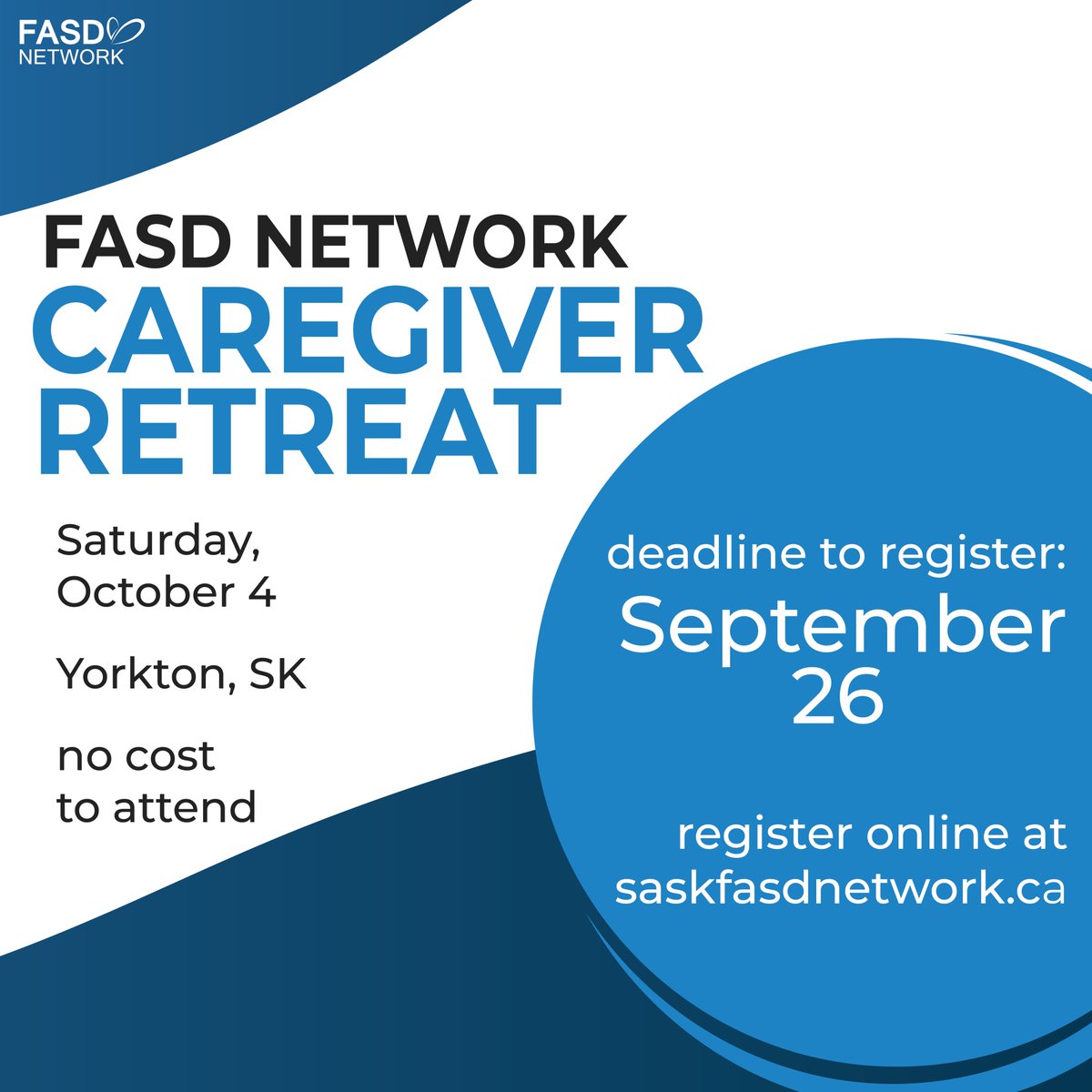SaskFASDNetwork's tweet image. Don&apos;t miss your chance to join us in Yorkton for this free event! Registration closes on September 26th.

Register online at: eventbrite.ca/e/cargiver-ret…