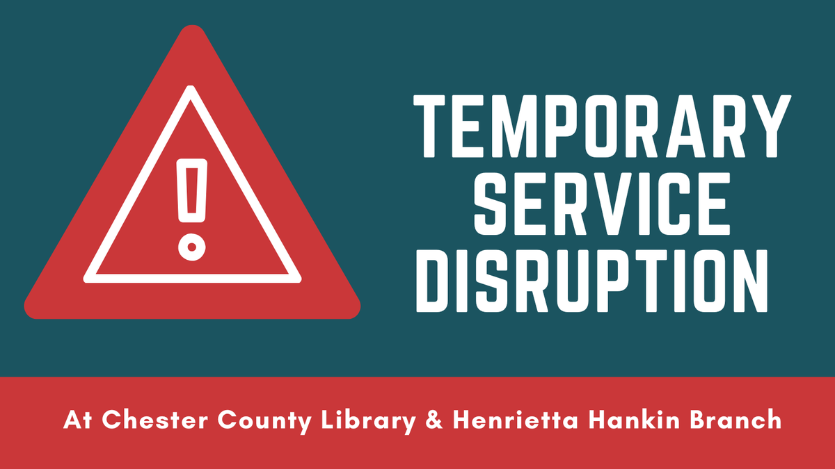 🚨 ALERT: Chester County Library (Exton) &amp; Hankin Library (Chester Springs) are experiencing phone/internet outages. Our other 16 member libraries may be affected. Updates will follow as services are restored. Thanks for your patience!