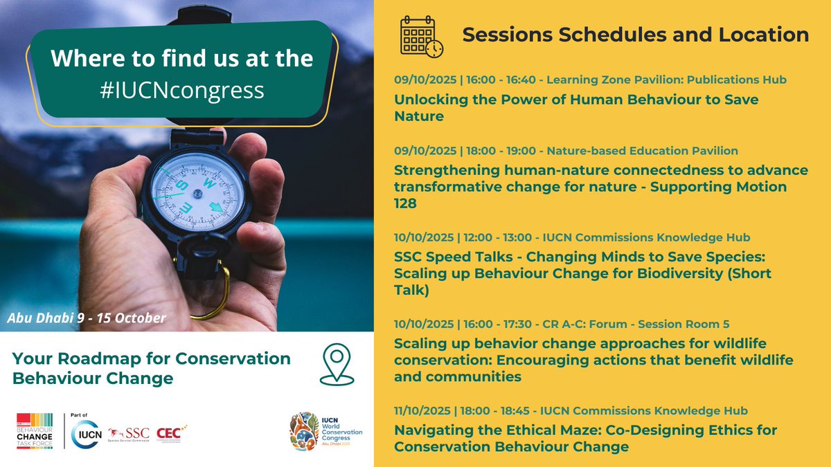 🌍 Join the us at #IUCNCongress! 🌍

Ready to unlock the power of human behaviour to save nature?  We're bringing conservation behaviour change approaches to Abu Dhabi!

Discover our full roadmap and see where to find us at the #IUCNcongress.