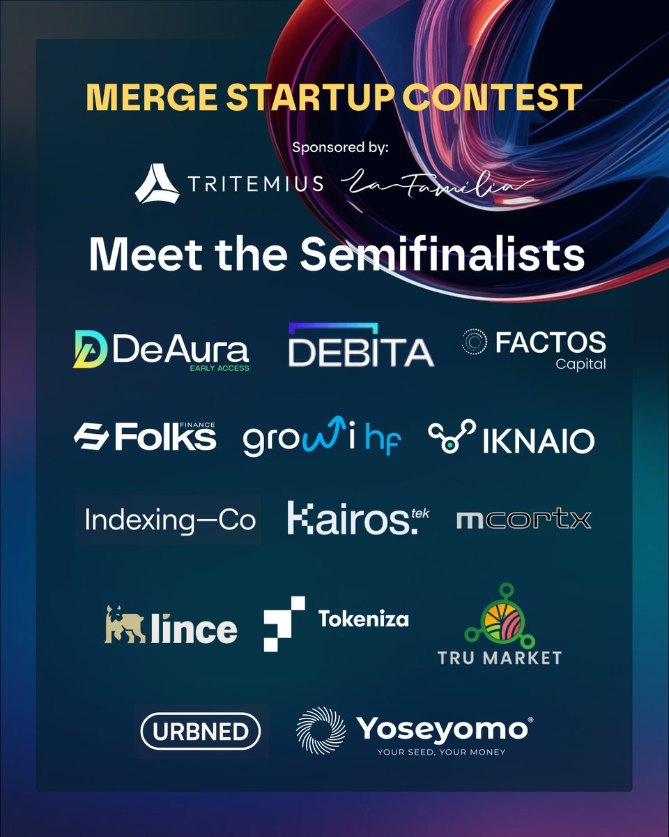 The selected startups for the MERGE Madrid 2025 Startup Contest are here!

<a href="/DeAuraio/">DeAura</a> | @Yoseyomo | @Kairos_tek | <a href="/Neitec_io/">Neitec</a> | <a href="/mcortxSM/">mcortx</a>  | <a href="/Tokeniza_tknz/">Tokeniza</a> | <a href="/GrowiHF/">Growi.HF</a>  | <a href="/FolksFinance/">Folks Finance</a>| @IndexingCo | <a href="/Urbnedofficial/">URBNED</a> | <a href="/LinceFinance/">Lince</a> | @TruMarketBlockchain | <a href="/FactosCapital/">FactosCapital</a> | <a href="/IknaioG/">Iknaio Cryptoasset Analytics GmbH</a>