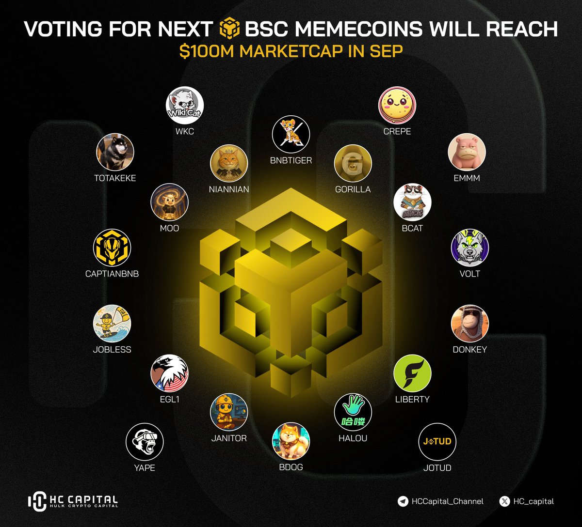 hc_capital's tweet photo. 🚀 Which BSC memecoins will be the next to smash through $100M Market Cap this September?

After August’s ATH wave, eyes are now on the strongest contenders building momentum:

✦ @wikicatcoin — $WKC
✦ @crepebnb — $CREPE
✦ @_Totakekebsc — $Totakeke
✦ @emmmhub — $emmm
✦ @BnbTigerInu — $BNBTIGER
✦ @NiannianCTO_BNB  — $NianNian
✦ @Gorilla_CTO — $Gorilla
✦ @moo_bsc — $MOO
✦ @Billicatcoin — $BCAT
✦ @CaptainBNB_bsc — $CAPTIANBNB
✦ @VoltInuOfficial — $VOLT
✦ @JOBLESSBSC — $JOBLESS
✦ @BscDonkey — $DONKEY
✦ @egll_american — #EGL1
✦ @liberty_bsc — $Liberty
✦ @JanitorBNB — $Janitor
✦ @Halou_cto — $HALOU
✦ @yapeclub — $YAPE
✦ @BSC_BDOG — $BDOG
✦ @JoTUD_bsc — $JoTUD

🔥 The race is heating up — which one do YOU think will hit $100M MC first?
❤️ Like, 🔁 RT & comment your pick to join the discussion!
🔔 Follow @hc_capital for more deep-dive crypto insights

#BSC #Memecoins