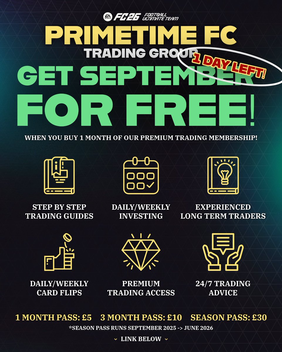 🚨 1 DAY LEFT: September is 100% FREE! 🔥

Join now through the upgrade link &amp; get the rest of September for completely FREE! 🥳

After that: Keep rolling the monthly plan or switch to the Season Pass, totally up to you! 👀

JOIN NOW!.. This offer ends TOMORROW! 😬😱

#FC26