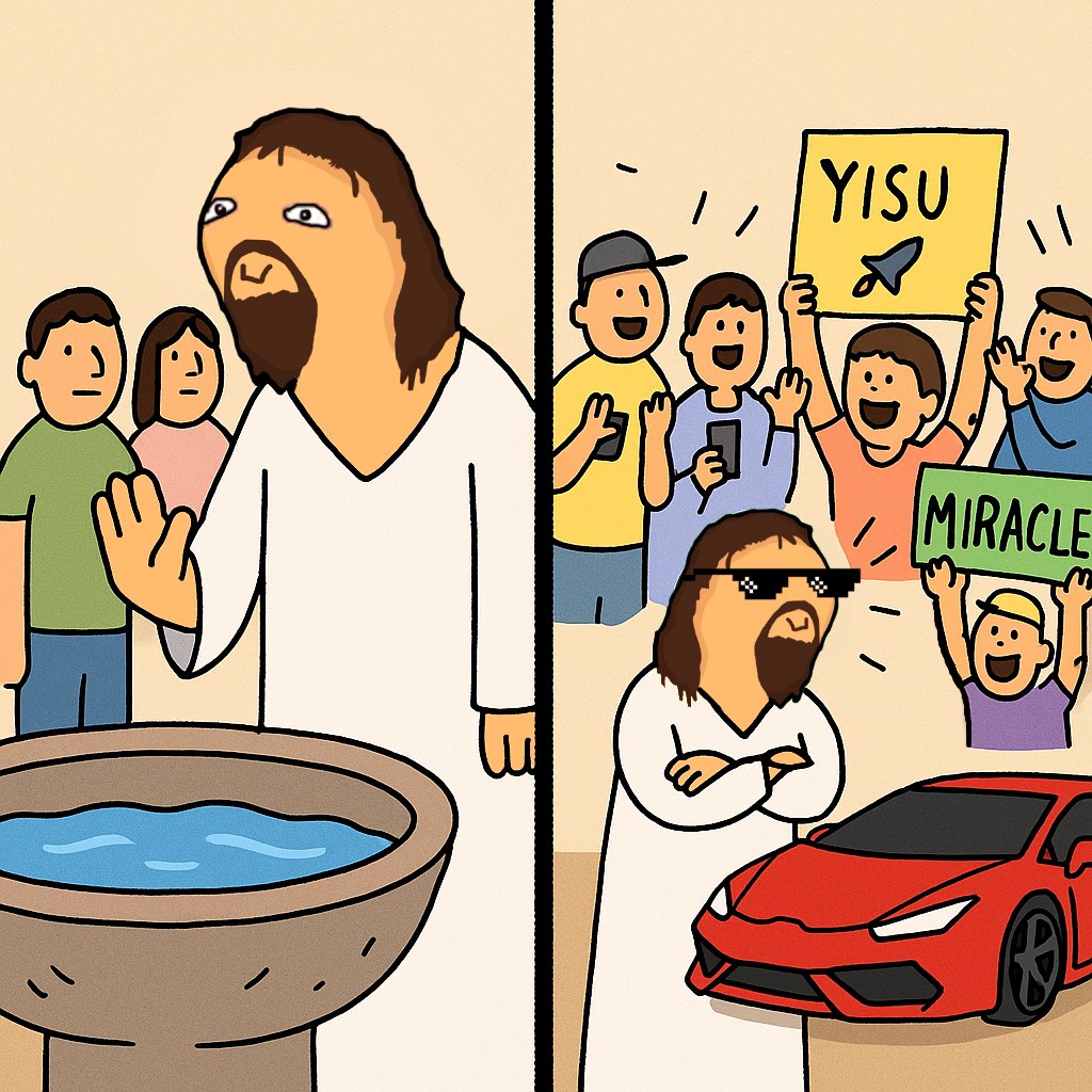 yisu_token's tweet image. perks of being God's kid: one day you're turning water into wine, the next it's a red lambo hahaha don't fade $YISU
