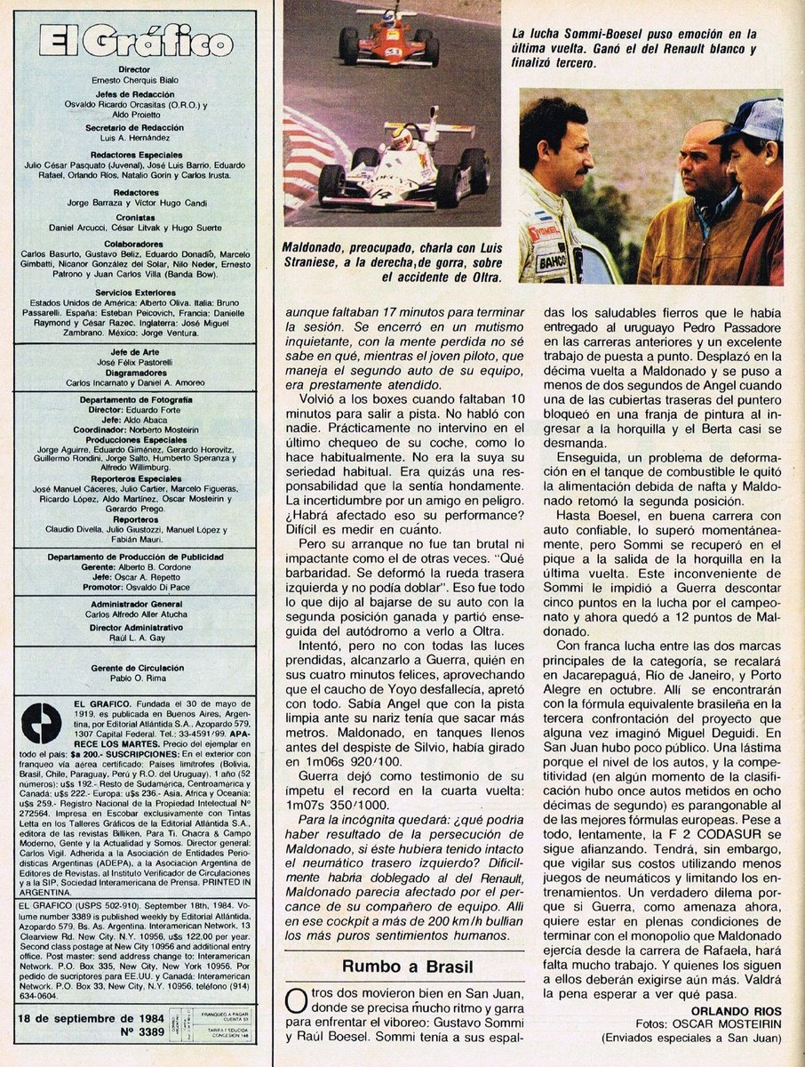 16 de Septiembre de 1984. F2 Codasur en "El Zonda" de San Juan 🏁

GUERRA CONTRA EL MONOPOLIO
Final a 30 vueltas. Podio:

1° - Miguel A. Guerra (Berta/Renault)(R/V) a 170.88 kph de promedio
2° - Guillermo Maldonado (Berta/VW) 
3° - Gustavo Sommi (Berta/Renault) 

El Grafico