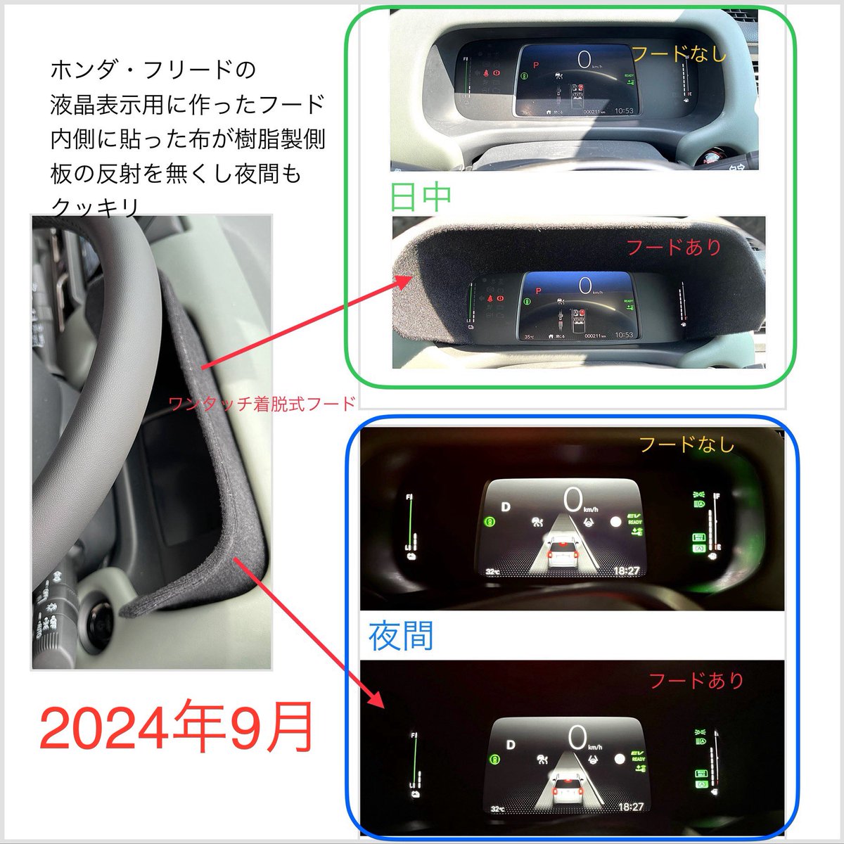 90inGreek's tweet photo. #ホンダ #フリード 。メーターに日が当たると見にくいので、昨年9月にフードを自作。具合良かったが、3mm厚の発泡樹脂製ゆえ、この夏の酷暑で変形発生し、収まりも劣化し振動でずれ易い。そこで、カラーワイヤー(頑固自在)を使い、8月に改良作業。暑さに負けないモノになった。 https://t.co/hA4ib5g57m