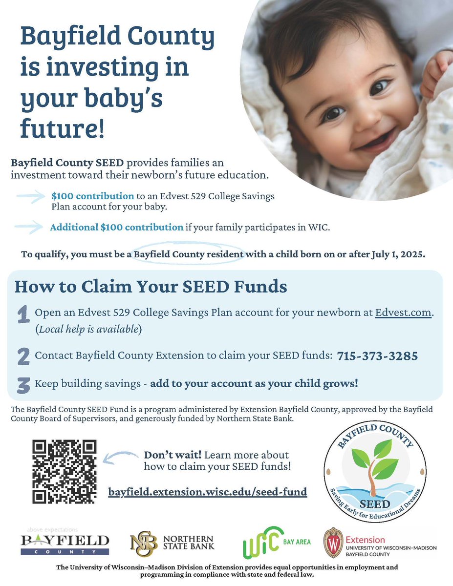 Bayfield County parents of children born on or after July 1, 2025, have you heard about the new SEED (Saving Early for Educational Dreams) program being offered through the UW-Extension Bayfield County Office?