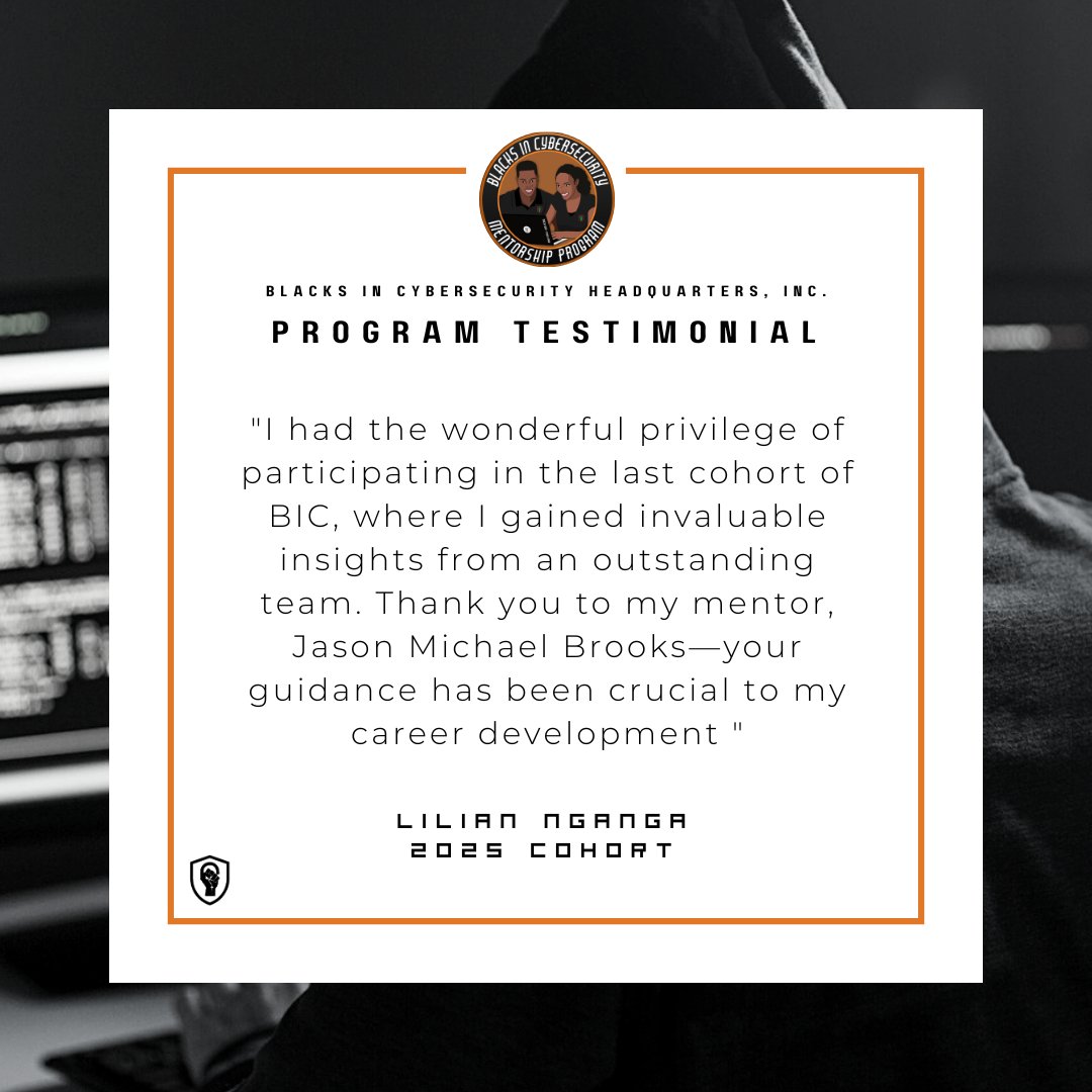 BlackInCyberCo1's tweet photo. 🍊 Real stories, Real growth! Discover how our program shapes each mentee's journey! 

https://t.co/NRiIVD6i1V ⁠ 

#BlacksInCyber #BlacksInCybersecurity #LitLikeBIC #Mentorship #BICMP https://t.co/OZ4Z3GCO9y