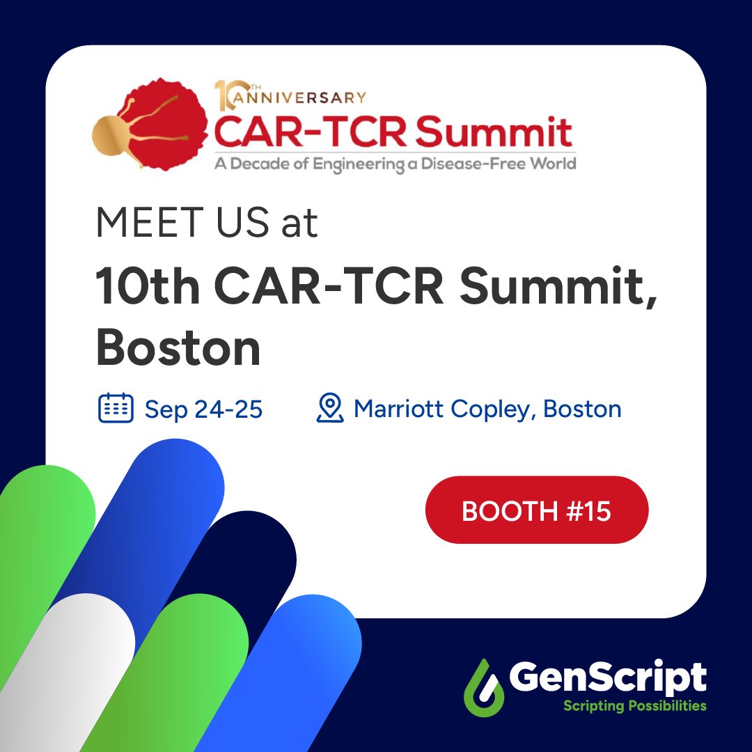 GenScript's tweet image. We look forward to connecting with you at the 𝟭𝟬𝘁𝗵 𝗖𝗔𝗥-𝗧𝗖𝗥 𝗦𝘂𝗺𝗺𝗶𝘁 in Boston. Learn how our comprehensive gene & cell therapy solutions can power your projects forward!
Join us: bit.ly/4ppw5kA
#CARTCRSummit #CellTherapy #GeneTherapy #GenScript #Boston