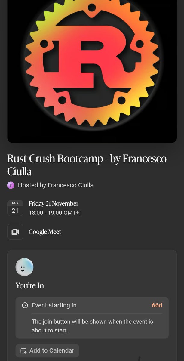 eazicoder's tweet image. I just registered for @FrancescoCiull4 Rust Crust BootCamp coming up Nov 21
This is a challenge to myself on how much I can learn and build on Rust before that time 😮💨😩
I'd love to share my journey if given the opportunity 👀🙏
To register:
🔗 luma.com/g4dcdzqo