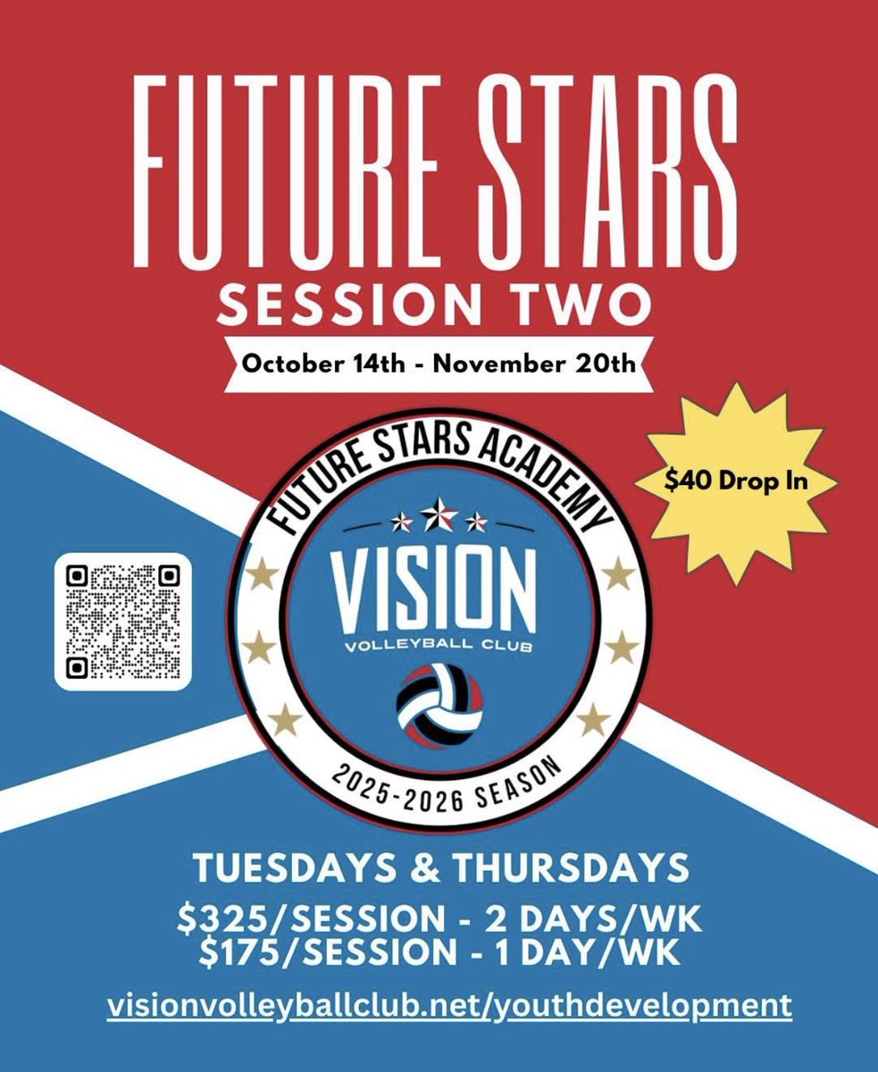 VisionVBClub1's tweet image. 🚨 Session Two of our Future Stars Program is just 4 weeks away! 🚨

📅 Oct. 14th – Nov. 20th (no training week of Thanksgiving🦃)
 
Session One has been a HUGE hit!

👉 Register today: visionvolleyballclub.net/youthdevelopme…