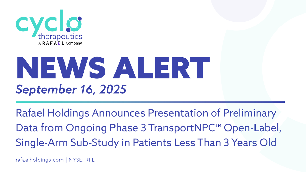 Cyclodexpert's tweet photo. Rafael Holdings Announces Presentation of Preliminary Data from Ongoing Phase 3 TransportNPC™ Open-Label, Single-Arm Sub-Study in Patients Less Than 3 Years Old

https://t.co/xaPIVbXCLN 
$RFL #NiemannPick #RareDisease #NPC1 https://t.co/nqTj51JIcv