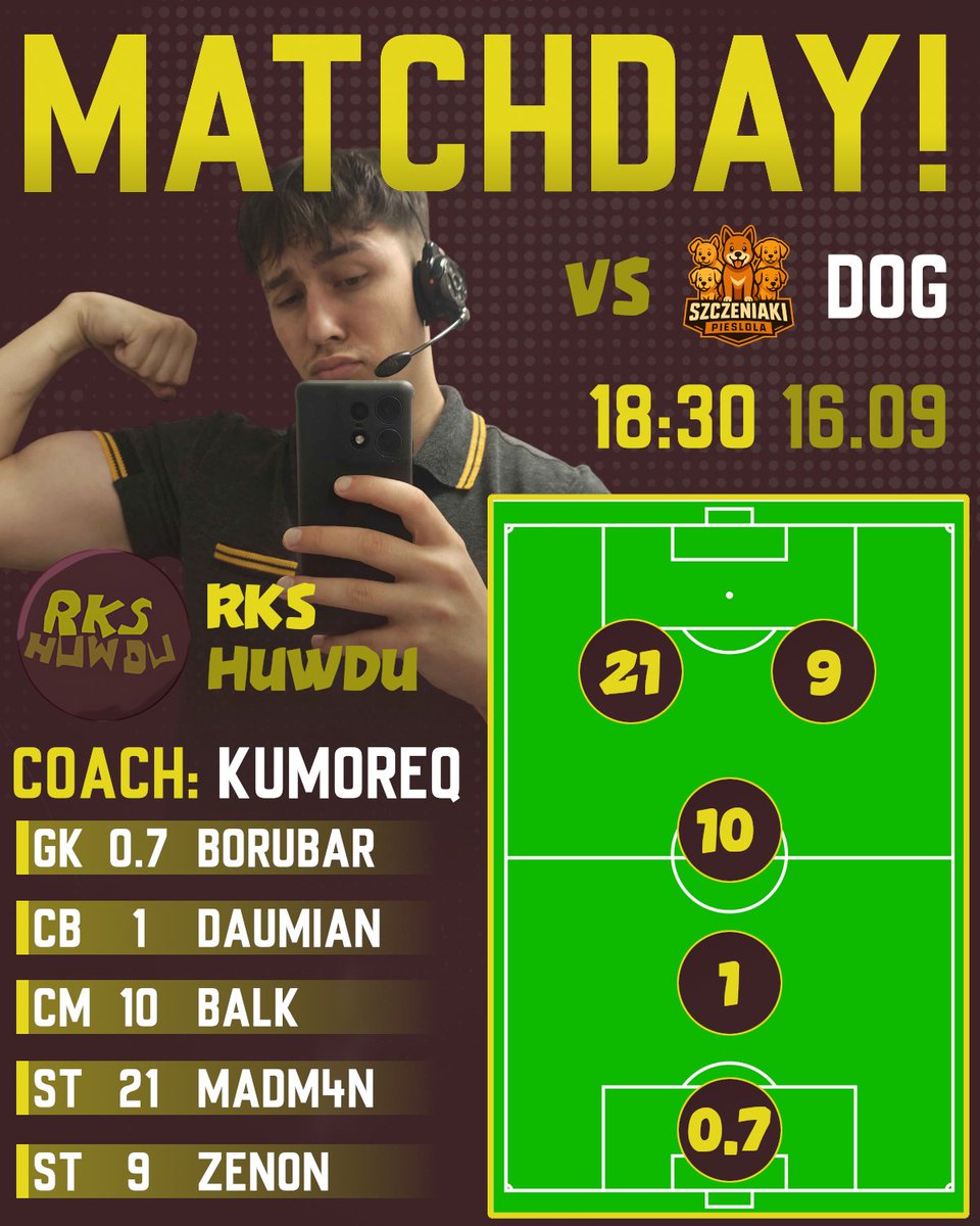 Dziś o 18:30 wyjdziemy na spacer z szczeniakami pieslola na graficzce wielki <a href="/NikiBombka7/">NikiBombka</a> którego na 1 mapie nie będzie bo pracuje XD więc na 1 mapę za niego wchodzi mega sub <a href="/Zenon2337/">ZenonLoL</a> który zagra dziś na fałszywej 9.
