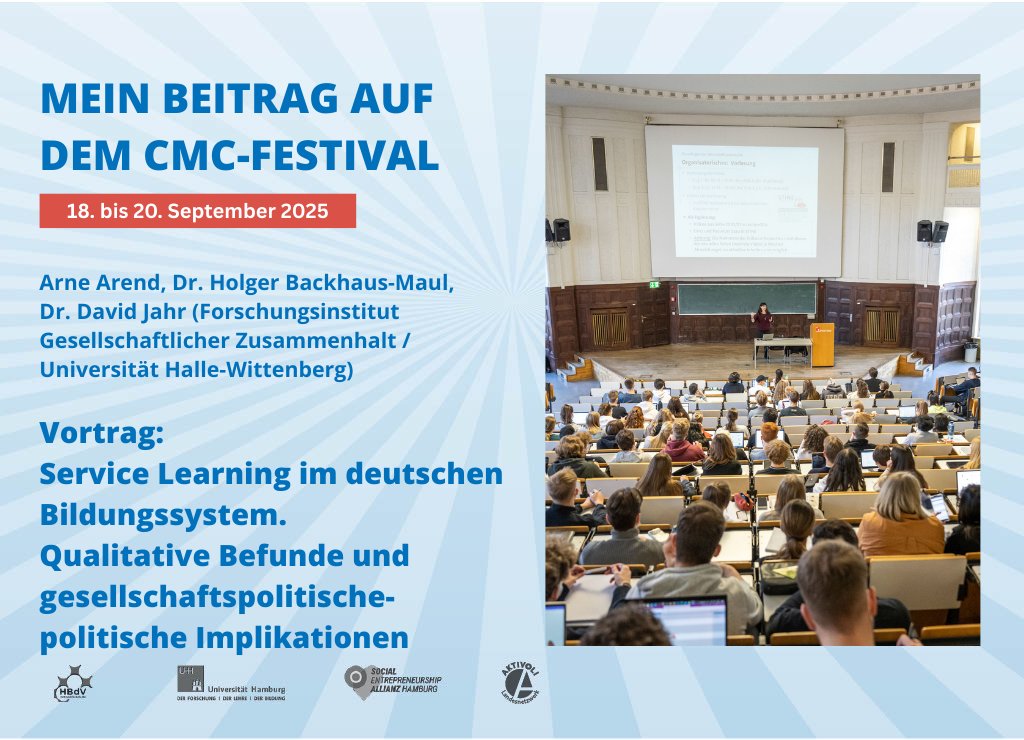 Lernen im Engagement /  Service Learning / forschungsbasierter Wissenstransfer ...  kritisch-erbauliche Befunde aus der Arbeit des Forschungsinstituts  Gesellschaftlicher Zusammenhalt an der Universität Halle-Wittenberg
Fr. 19.09.2025, 15:30, Uni Hamburg
<a href="/BBE_Info/">BBE</a> <a href="/aktivebuerger/">Aktive Bürgerschaft</a>