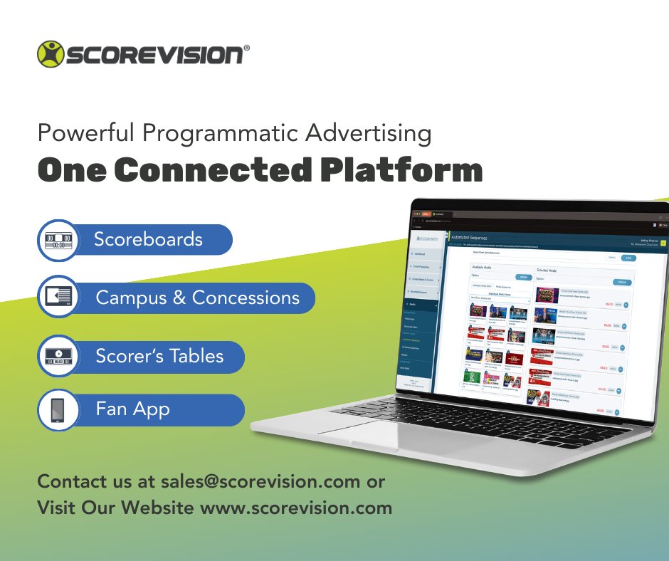 GetScoreVision's tweet image. Your scoreboards can do more than show the score.
With ScoreVision’s Advertising Suite, every display on campus becomes a revenue generator.
Learn more: hubs.ly/Q03J7Wlg0
#AthleticDirector #SportsMarketing #HighSchoolAthletics #RevenueGeneration #ScoreVision