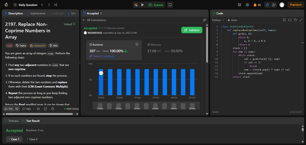 Wizard3022's tweet photo. 🎯Problem Solved
✅LeetCode 2197. Replace Non-Coprime Numbers in Array
🧠Solved 16 Sept 2025
#LeetCode #Coding #CodeChallenge #100DaysOfCode #DevLife #Programmer #SoftwareEngineer #Developer #BugSquash #DailyCoding #MenWhoCode #CSStudent #EngineerLife
Link:https://t.co/aA0DAF99Uz https://t.co/jcncr6fjNU
