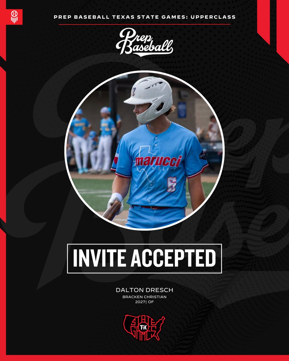 Prep Baseball Texas (@prepbaseball_tx) on Twitter photo 🎟️ #𝐓𝐗𝐒𝐭𝐚𝐭𝐞𝐆𝐚𝐦𝐞𝐬𝟐𝟓: 𝐈𝐧𝐯𝐢𝐭𝐞 𝐀𝐜𝐜𝐞𝐩𝐭𝐞𝐝
2027 OF Dalton Dresch (<a href="/DaltonDresch/">Dalton Dresch</a> | <a href="/BaseballBracken/">Bracken Christian Baseball</a>) is headed to The Texas State Games (Upperclass) at Weatherford College on September 19-21.
<a href="/PB_Uncommitted/">Prep Baseball Uncommitted</a>
🖇️ loom.ly/powpwyg 🎟️ #𝐓𝐗𝐒𝐭𝐚𝐭𝐞𝐆𝐚𝐦𝐞𝐬𝟐𝟓: 𝐈𝐧𝐯𝐢𝐭𝐞 𝐀𝐜𝐜𝐞𝐩𝐭𝐞𝐝
2027 OF Dalton Dresch (<a href="/DaltonDresch/">Dalton Dresch</a> | <a href="/BaseballBracken/">Bracken Christian Baseball</a>) is headed to The Texas State Games (Upperclass) at Weatherford College on September 19-21.
<a href="/PB_Uncommitted/">Prep Baseball Uncommitted</a>
🖇️ loom.ly/powpwyg