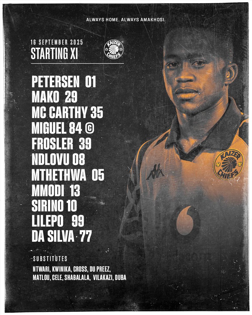 Betway Premiership: Kaizer Chiefs vs. Sekhukhune United 

Starting 11: Petersen, Mako, McCarthy, Miguel ©, Frosler, Ndlovu, Mthethwa, Mmodi, Sirino, Lilepo, Da Silva

Subs: Ntwari, Kwinika, Cross, Du Preez, Matlou, Cele, Shabalala, Vilakazi, Duba

Coach: Nasreddine Nabi