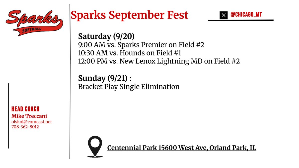 Schedule drop for this weekend!
Come check us out at Orland Park! <a href="/chicago_mt/">Sparks Gold 18u Treccani</a> <a href="/WLCSoftball/">WLC Softball</a> <a href="/AlmaScotsSB/">Alma College Softball</a> <a href="/BoTjebben/">Bo Tjebben</a> <a href="/GovStateSball/">Governors State Softball</a> <a href="/GrimmShawn79223/">Shawn Grimm</a> <a href="/JoeKinsella66/">Coach Joe Kinsella</a> <a href="/SSCsoftball/">South Suburban College Softball</a>