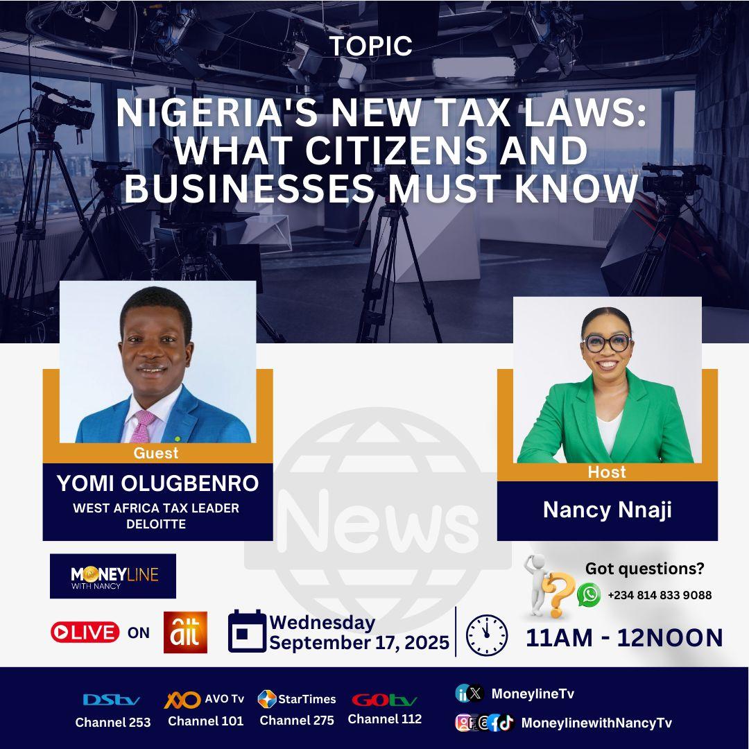 Countdown to 2026! What are the controversies right now about the new tax laws? Are the laws really good for business? What should you expect? We will dissect the issues on Wednesday, 11am <a href="/moneylineTV/">Moneyline with Nancy</a> <a href="/AIT_Online/">Africa Independent Television</a>. Join me and <a href="/YomiOlugbenro/">Yomi Olugbenro</a>. Send your questions now! Let's talk!