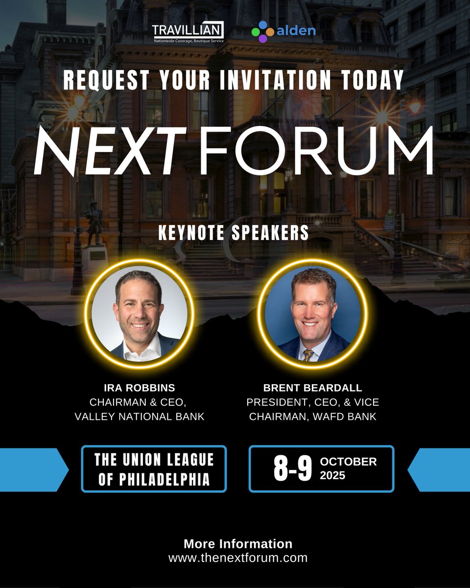 Travillian (@travilliangroup) on Twitter photo NEXT Forum 2025
Oct 8โ9 | Union League, Philadelphia
Three weeks out! Bank execs, investors & select service providers gather for the 2nd Annual NEXT Forum, hosted by Travillian & Alden Investment Group.
Agenda: thenextforum.com
Request Invite: lnkd.in/eBYijjAv NEXT Forum 2025
Oct 8โ9 | Union League, Philadelphia
Three weeks out! Bank execs, investors & select service providers gather for the 2nd Annual NEXT Forum, hosted by Travillian & Alden Investment Group.
Agenda: thenextforum.com
Request Invite: lnkd.in/eBYijjAv