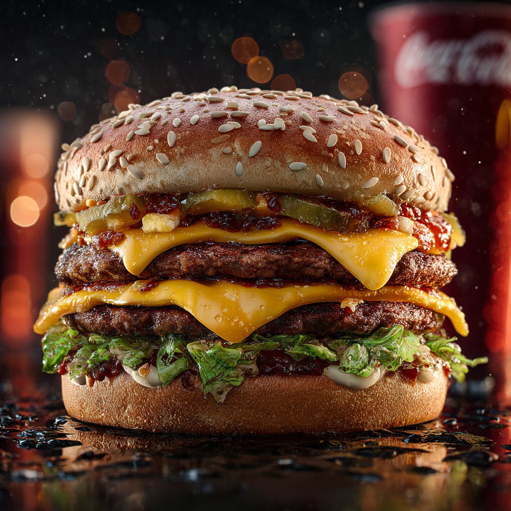 dhizign's tweet image. This isn’t food. It’s temptation.

Captured layer by layer. Golden buns glisten, cheese melts like molten gold, lettuce crackles, patties steam. Crumbs scatter, droplets shine, steam dances, imperfect perfection.

Created with @midjourney 

#aiart #aiimage #foodphotography…