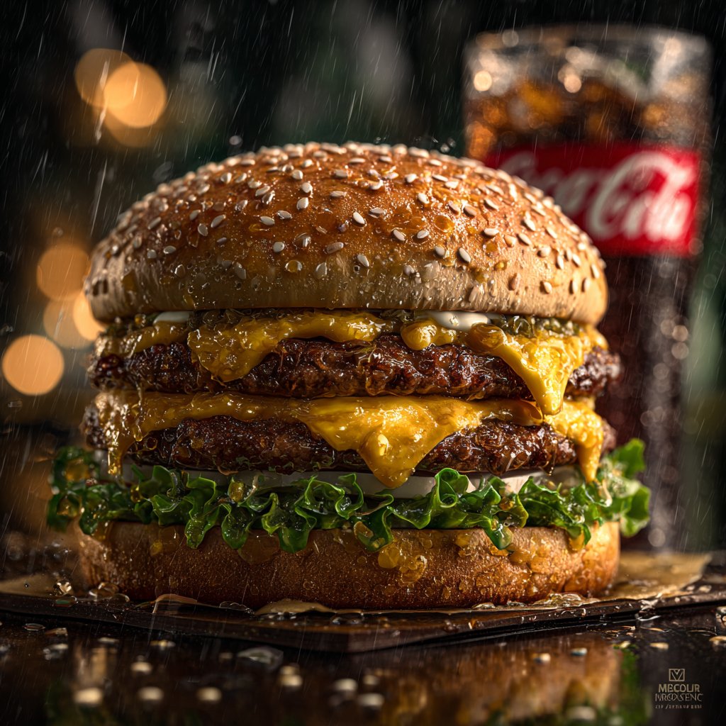 dhizign's tweet image. This isn’t food. It’s temptation.

Captured layer by layer. Golden buns glisten, cheese melts like molten gold, lettuce crackles, patties steam. Crumbs scatter, droplets shine, steam dances, imperfect perfection.

Created with @midjourney 

#aiart #aiimage #foodphotography…