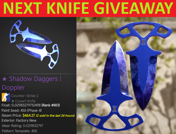 RangerAndRogue's tweet photo. Want to win FN Shadow Daggers Doppler Phase 4 (#851)?

This is the next knife I'm giving away on https://t.co/zihV9lU4t4. All you have to do is watch the stream & use your channel points for entries. You can also get entries by subbing, gifting subs, or donating bits. 

Bonus Twitter Entry:
FOLLOW + LIKE + RETWEET
(1 person randomly selected)

**You must be in discord to win anything**
https://t.co/b9bWCgFpRR