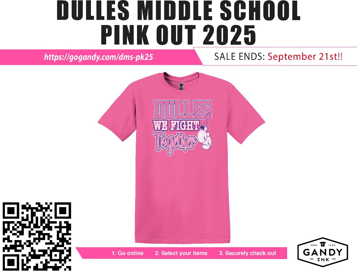 Dulles Middle School Athletics will host two Pink Out Games in October. 

Volleyball 🏐- Oct. 9th 
Football 🏈- Oct. 7th 

Show your support by purchasing a Pink Out Shirt. Sales close September 21st. 
<a href="/DMS_Vikings/">Dulles Middle School</a> <a href="/DHSAthletics550/">Dulles Athletics</a> 

Click link: gogandy.com/dms-pk25