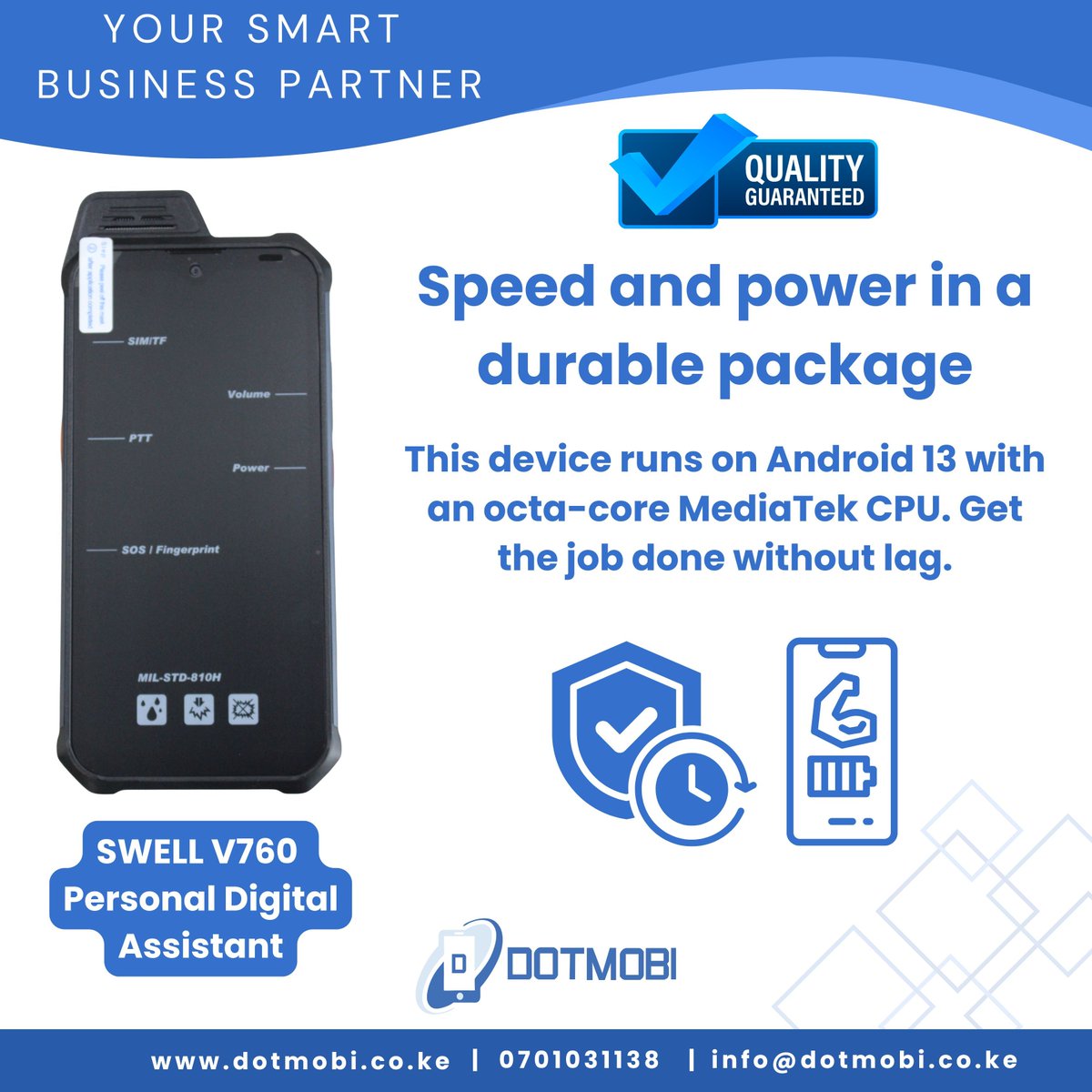 dotmobillp's tweet image. Speed and power in a durable package. The SWELL V760 runs on Android 13 with an octa-core MediaTek CPU. Get the job done without lag.
#Performance #Android13 #FastTech #WorkReady