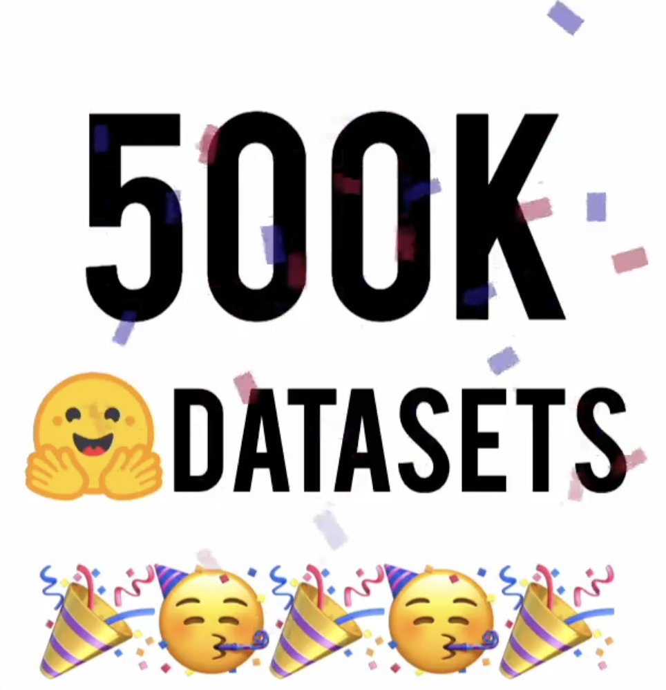 🎉 We just crossed 500,000 public datasets on HF 🎉
- there is a new dataset shared every 60 seconds
- most datasets are text, images &amp; audio but there's an increasing number of video, 3D, time-series, biology, chemistry and robotics ones
- 80% are loadable in one line of code