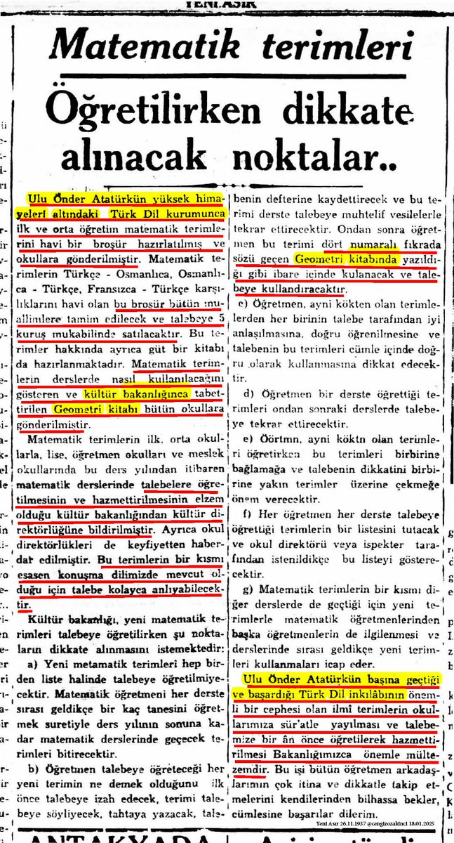 <a href="/Gassarayft1905/">Mürsel</a> <a href="/Haluk37/">Haluk</a> F.R.Atay, Attila İlhan vs. yazarların "Atatürk 'Dil Devrimi'nden vazgeçti" savı uydurmadır. Kasım 1937'de Matematik, geometri vs. derslerinde kullanılan kavram, terim vs. sözcüklerin Türkçeleştirmesi, Atatürk'ün Türk Dil Devrimi'ni yaşamı boyunca sürdürdüğünün somut kanıtıdır.