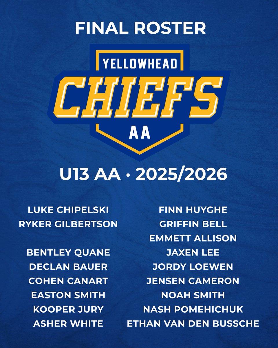 🚨 FINAL ROSTER ANNOUNCEMENT 🚨

Congratulations to the athletes who will represent the Yellowhead U13 AA Chiefs for the 2025/2026 season! 💛💙🏒

We’re excited to hit the ice with this talented group and can’t wait to see all the hard work and dedication pay off this season.
