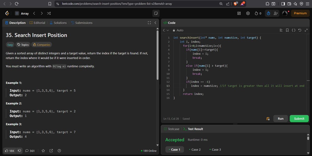 codewithGenZ's tweet image. Day 75🚀: #100daysofcode : #GeeksforGeeks
Today i solved problem on #LeetCode
-Search insert Position
#C_language #100daysofchallenge #codinglife #LearnInPublic #learnprogramming #programmer #coder #CodingJourney #codewithGenZ #BuildYourself #Hackathon #Genius #problemSolving