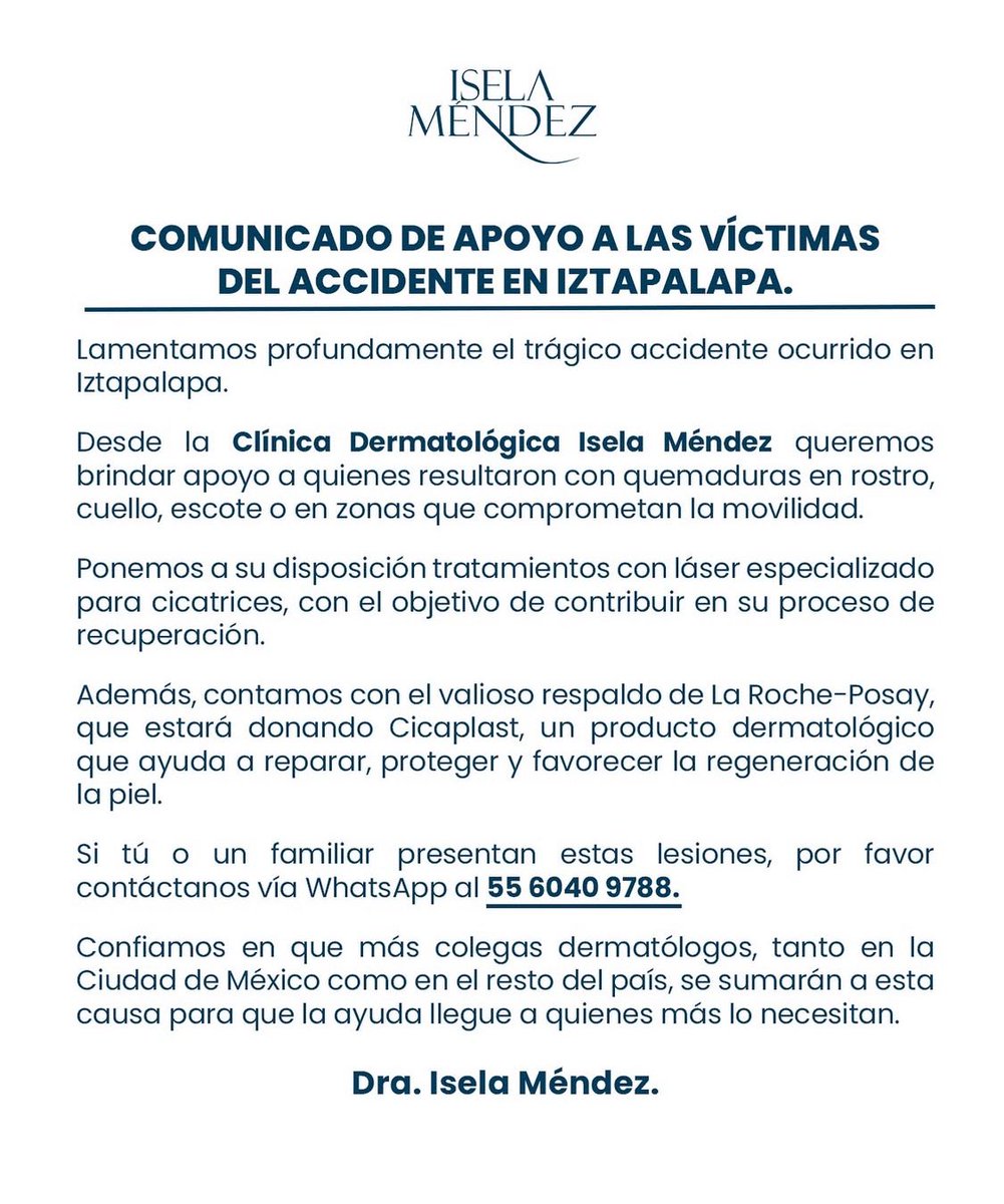 • 𝐄𝐥𝐞𝐧𝐚 𝐑í𝐨𝐬 🎷 (@_elenarios) on Twitter photo #Comunicado | La explosión de gas LP en Iztapalapa dejó a muchas personas con quemaduras.
🔵 La <a href="/draiselamendez/">Isela Méndez</a> está ofreciendo ayuda dermatológica ❤️🩹.
Por favor ayuden a difundir para que esta información llegue a las personas que lo necesitan 🙏🏾 #Comunicado | La explosión de gas LP en Iztapalapa dejó a muchas personas con quemaduras.
🔵 La <a href="/draiselamendez/">Isela Méndez</a> está ofreciendo ayuda dermatológica ❤️🩹.
Por favor ayuden a difundir para que esta información llegue a las personas que lo necesitan 🙏🏾