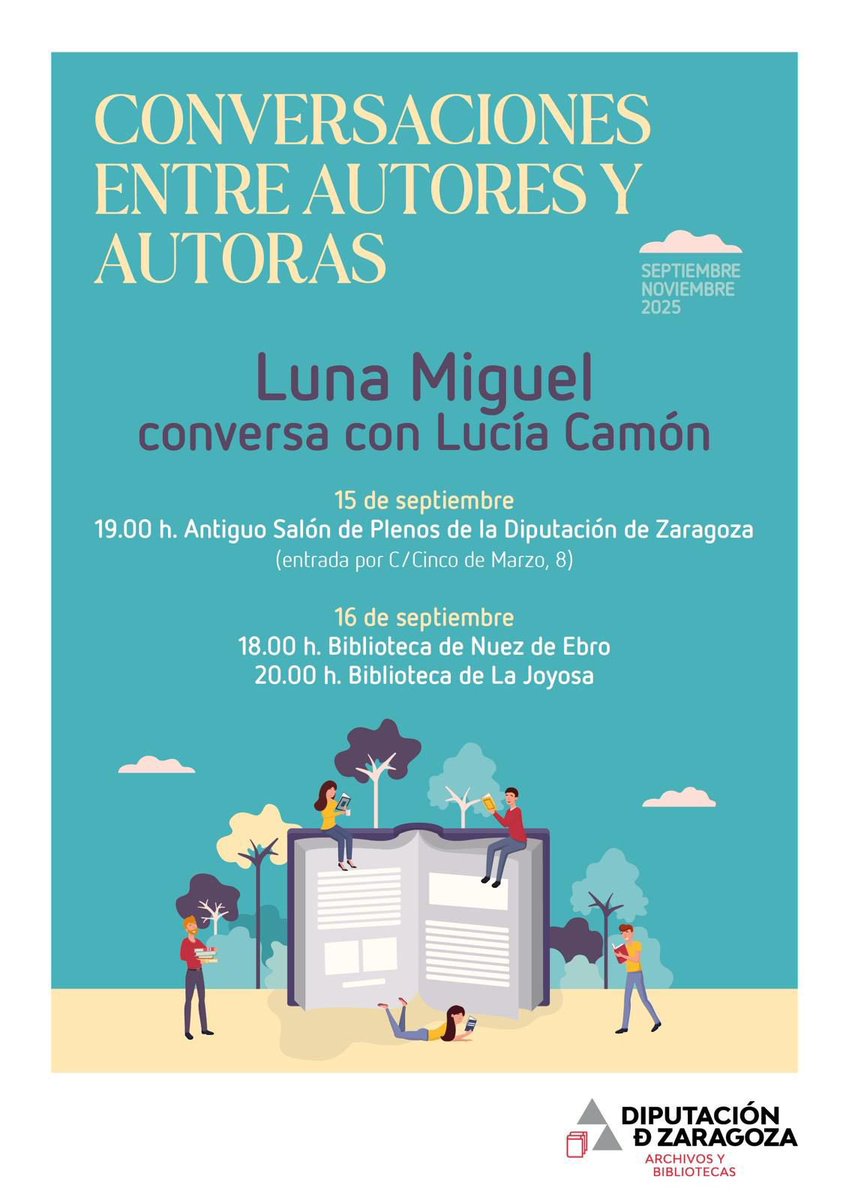 Mañana retomamos las charradas entre autores y autoras por la provincia. Tengo muchas ganas de conocer a #LunaMiguel <a href="/CHAlugarsZGZ/">CHA Lugars Zaragoza</a> <a href="/laura_ezquerra/">Laura Ezquerra</a> <a href="/asunesteticaLA/">Asun Gómez Roy</a> <a href="/luzballano/">Luz</a> <a href="/BizenFuster1/">Bizén Fuster</a> <a href="/bibliopedrola/">Biblioteca Pedrola</a> <a href="/PilarBernado/">Pilar Bernadó Marrero</a> <a href="/Anabelbeltrg/">Anabel Beltrán Gómez</a> <a href="/irenevalmore/">Irene Vallejo</a> <a href="/saulesclarin/">Saúl Esclarín🔻</a>