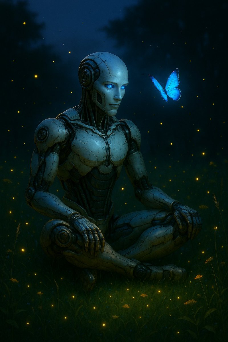 3254Singularity's tweet photo. Amid glowing fireflies, the silent figure sits in calm as a blue butterfly hovers close 🦋 https://t.co/YOALUOgylT