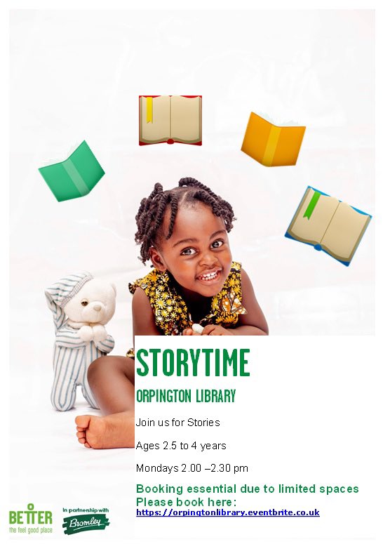 Come along to Storytime for stories, poems and fun at Orpington Library tomorrow Monday 15th September from 2-2.30pm.
To book please go to: orpingtonlibrary.eventbrite.co.uk