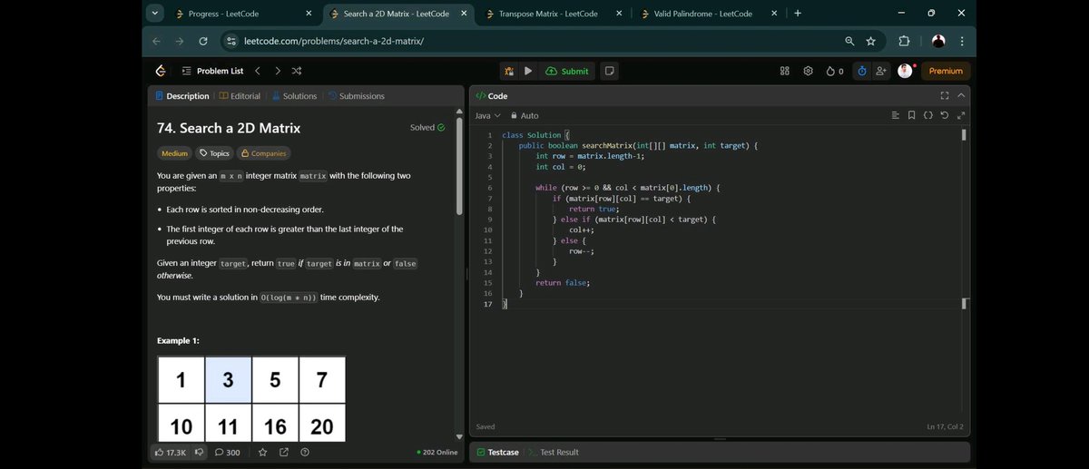 theabhishekk_16's tweet image. Day 18 #100DaysOfCode ✅
LeetCode grind: solved 3 problems!
#74 Search 2D Matrix (staircase search magic)
#867 Transpose Matrix (clean indexing)
#125 Valid Palindrome (two-pointer classic)
Different patterns, same satisfaction!
@ShradhaKhapra_
#LeetCode #Algoritms