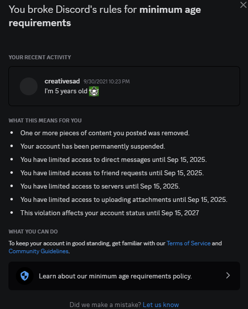 CreativeNameSad's tweet photo. good reason for permanent suspension, thank you very much discord https://t.co/ywMrJwrtP5