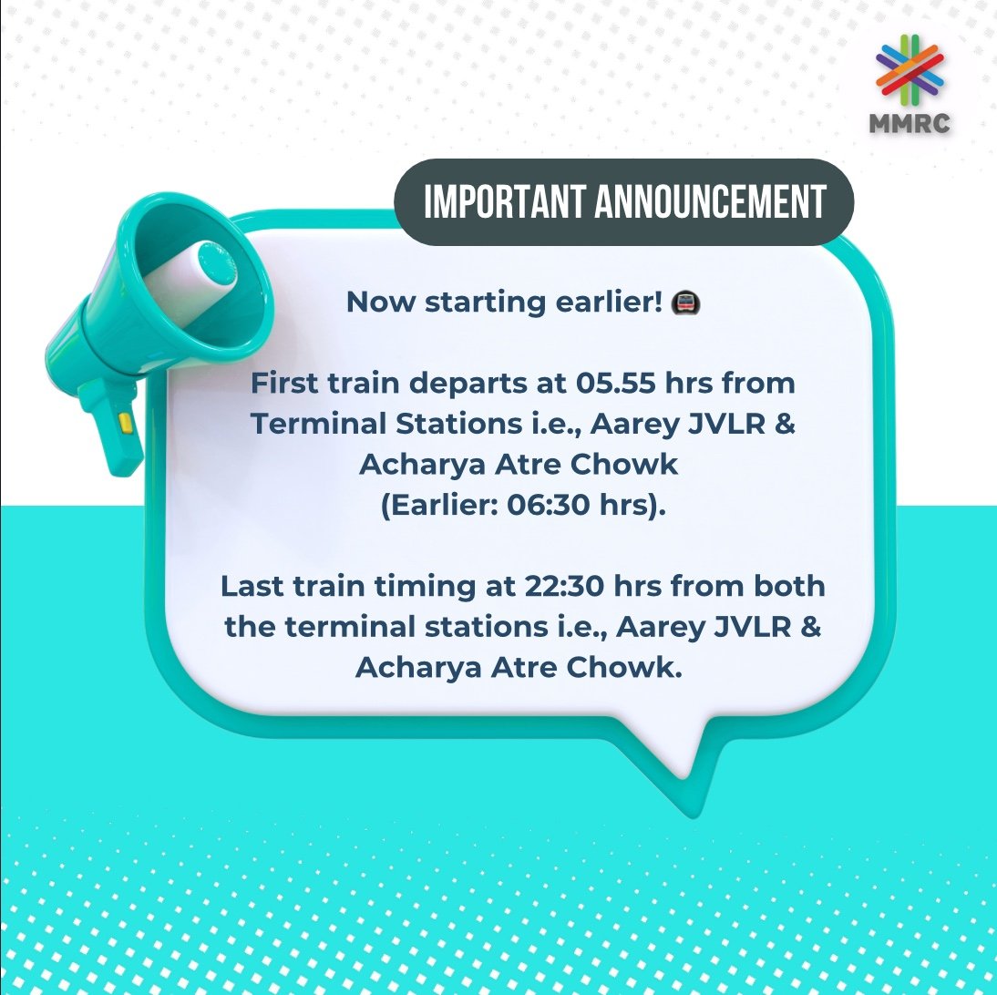 MumbaiMetro3's tweet image. 📢 Mumbai Metro Schedule Update:
 🗓️Effective 15th Sept 2025 (Monday)
🚉 First train departs at 05.55 hrs from Terminal Stations i.e., Aarey JVLR &amp;amp; Acharya Atre Chowk (Earlier:06.30 am)
➡️Last train continues to depart at 22:30 hrs
Travel efficiently. Stay punctual.

📢 मेट्रो…